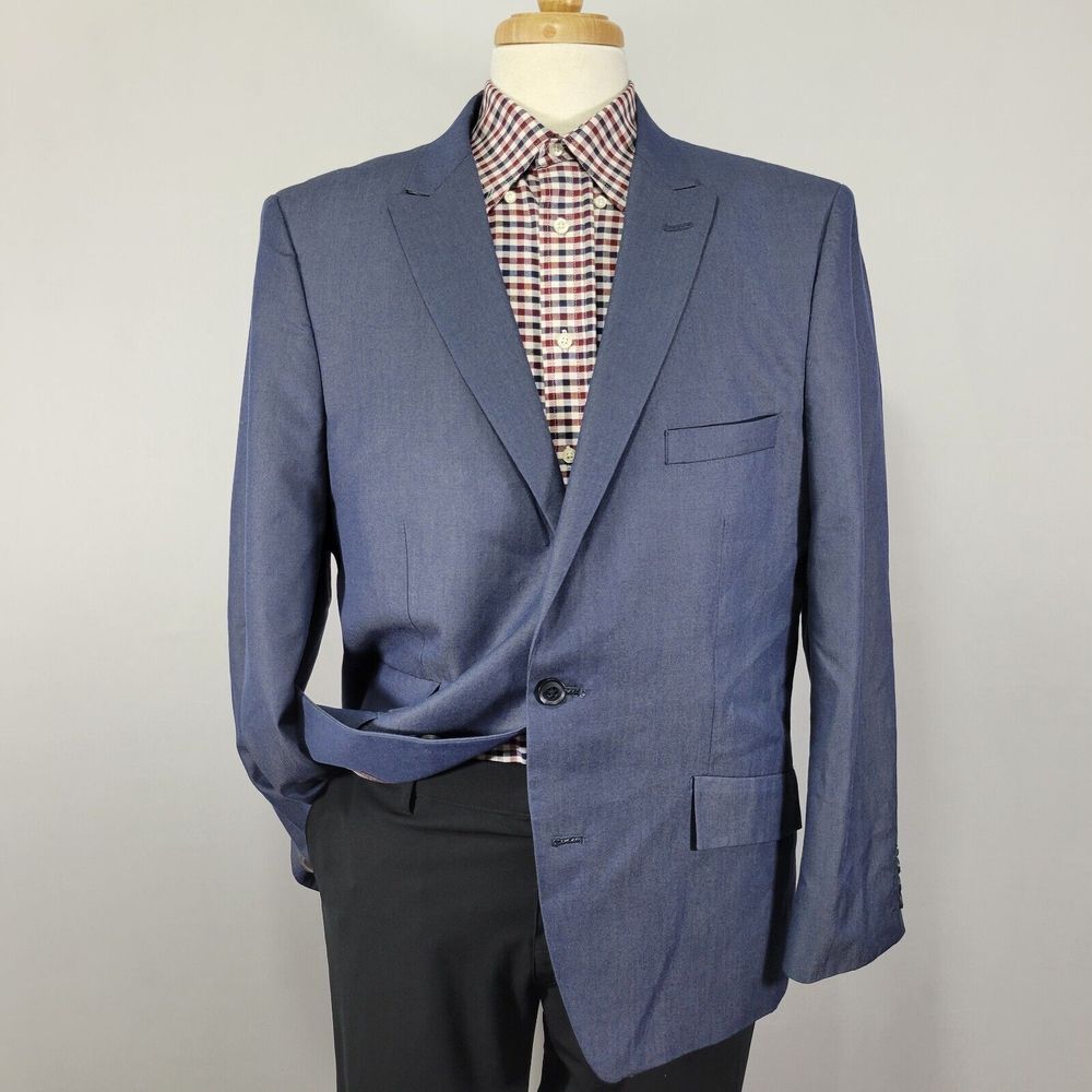 Haggar Men's Sport Coat Blazer Two Button Denim Blue Twill Polyester Blend 46R